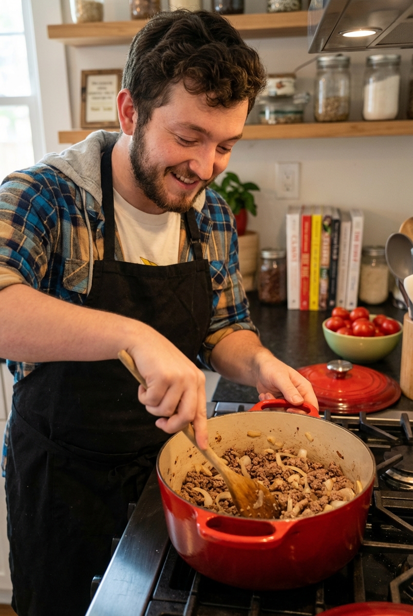 A Dutch oven on the stove with browned ground beef and onions being stirred with a wooden spoon