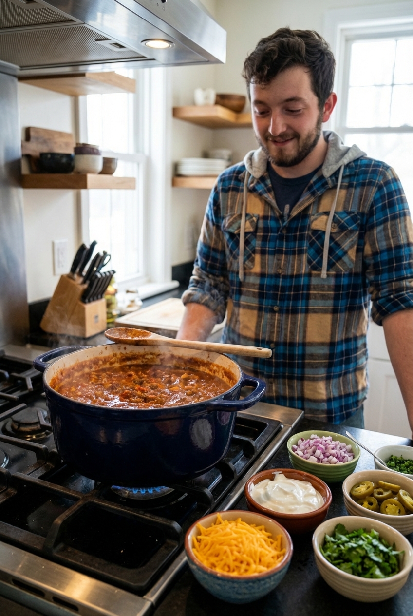 A Dutch oven on the stove with chili simmering, a wooden spoon resting on the rim and small bowls of toppings nearby