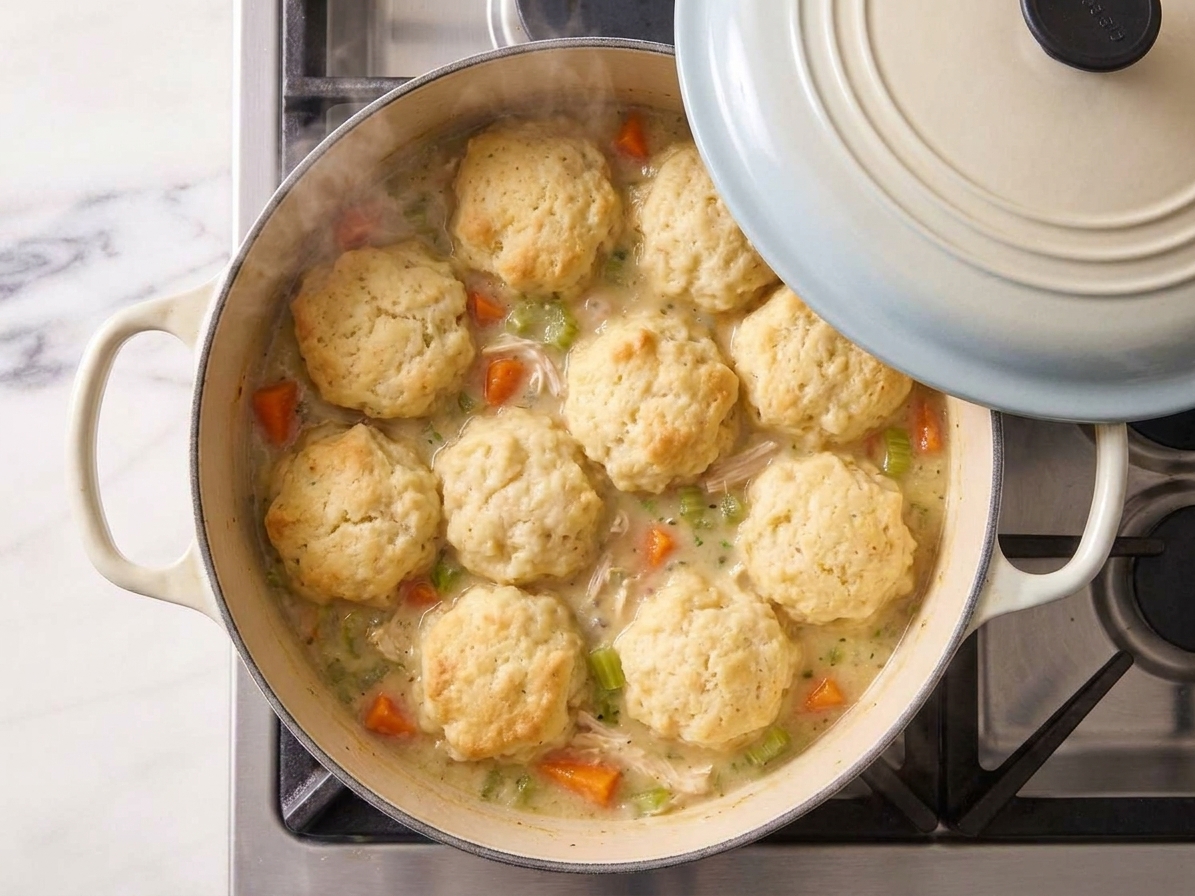 A Dutch oven on the stove with dumplings steaming under a lid, with gentle steam escaping at the edges