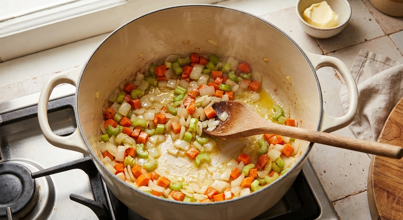 A Dutch oven on the stove with onions, carrots, and celery sautéing until glossy and softened