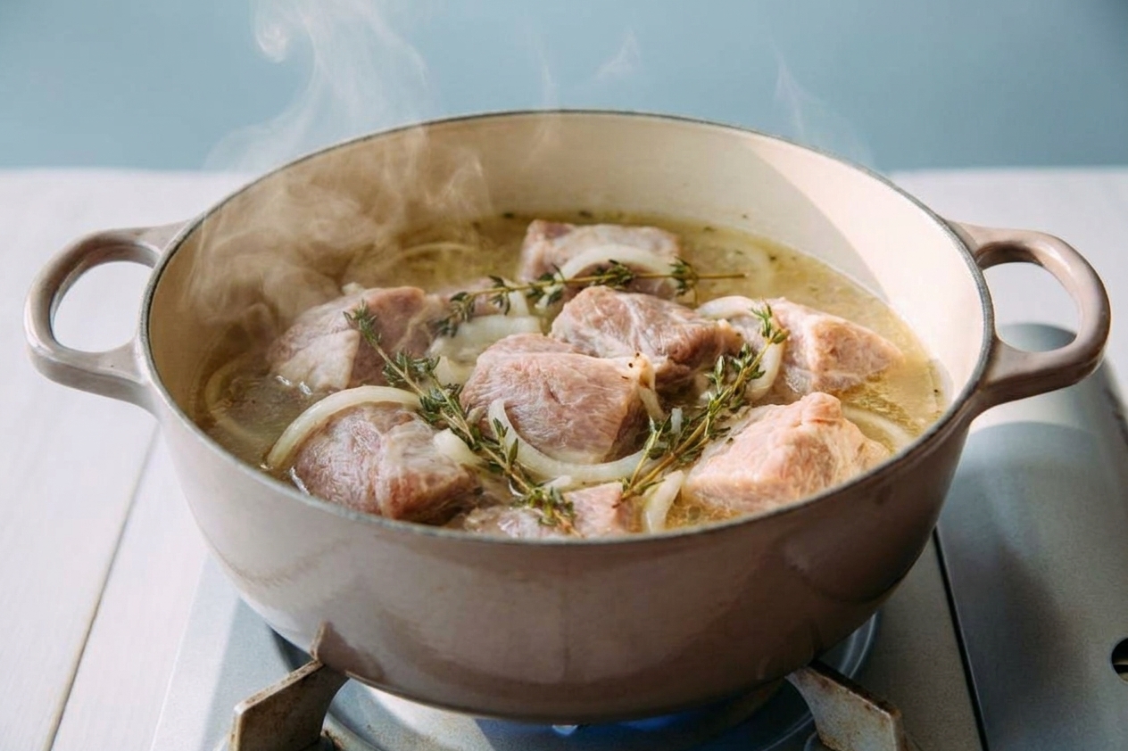 A Dutch oven on the stove with pork chunks simmering in citrusy broth with onions and thyme, steam rising