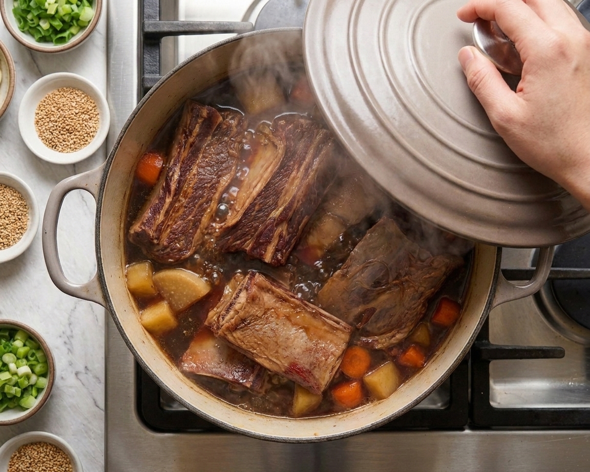 A Dutch oven on the stove with short ribs simmering in a dark soy-based braising liquid, lid slightly ajar with steam escaping