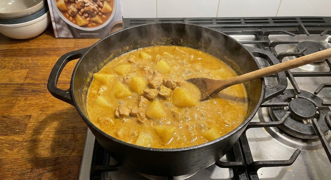 A Dutch oven on the stovetop with Massaman curry gently simmering, visible potato chunks and chicken pieces in a creamy golden sauce
