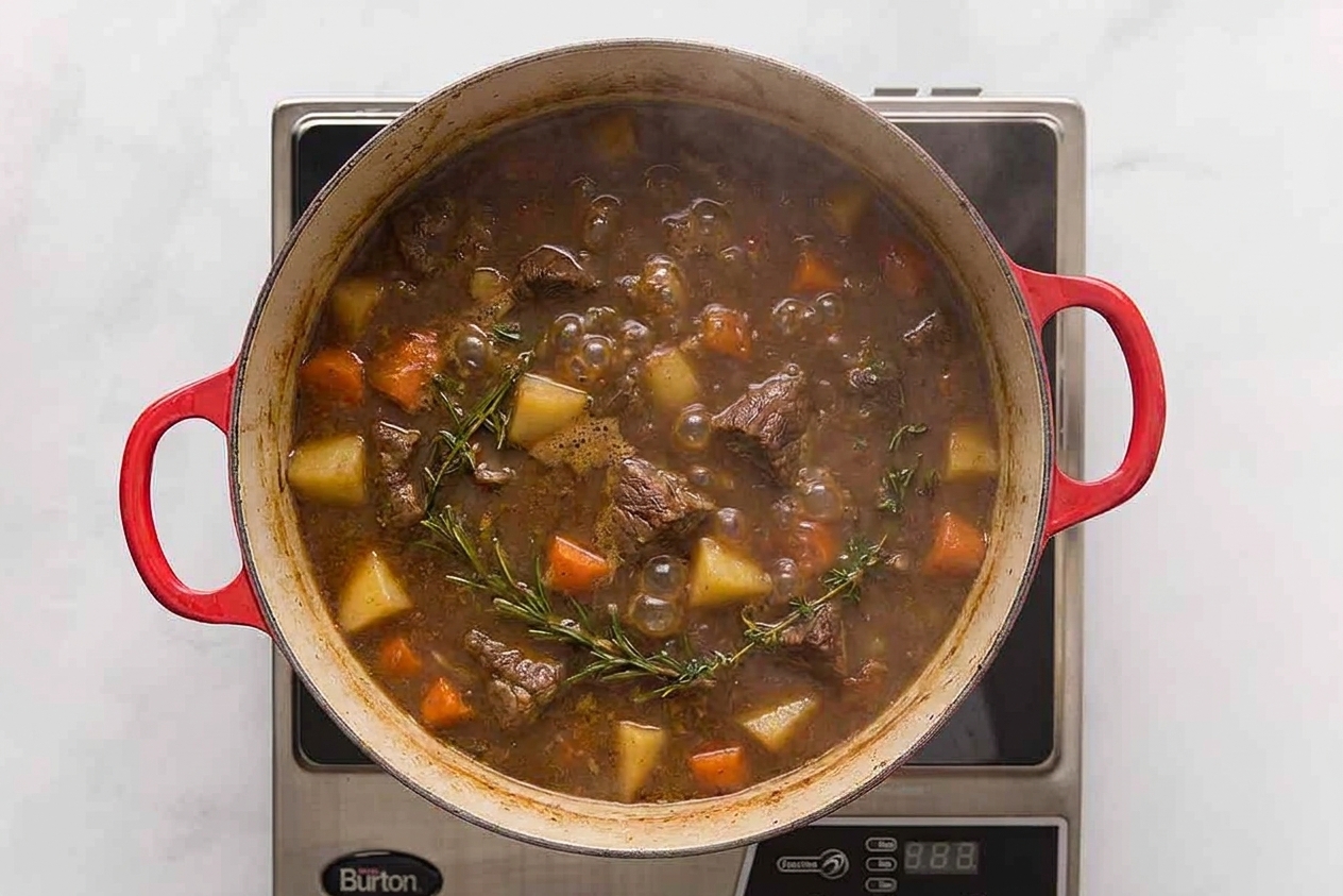 A Dutch oven on the stovetop with lamb stew gently simmering, small bubbles breaking the surface with herbs visible in the broth