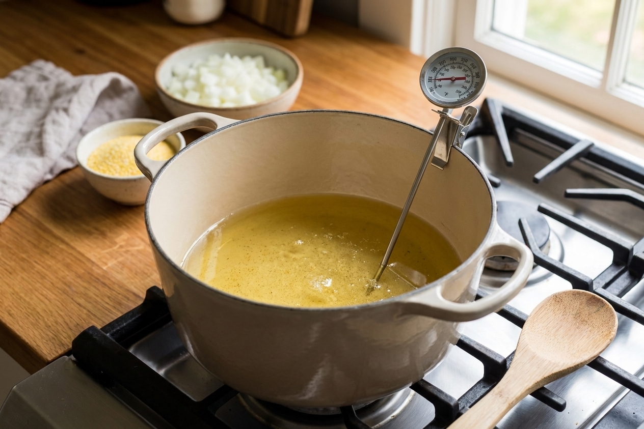 A Dutch oven on the stovetop with oil heating and a thermometer clipped to the side reading around 350 degrees