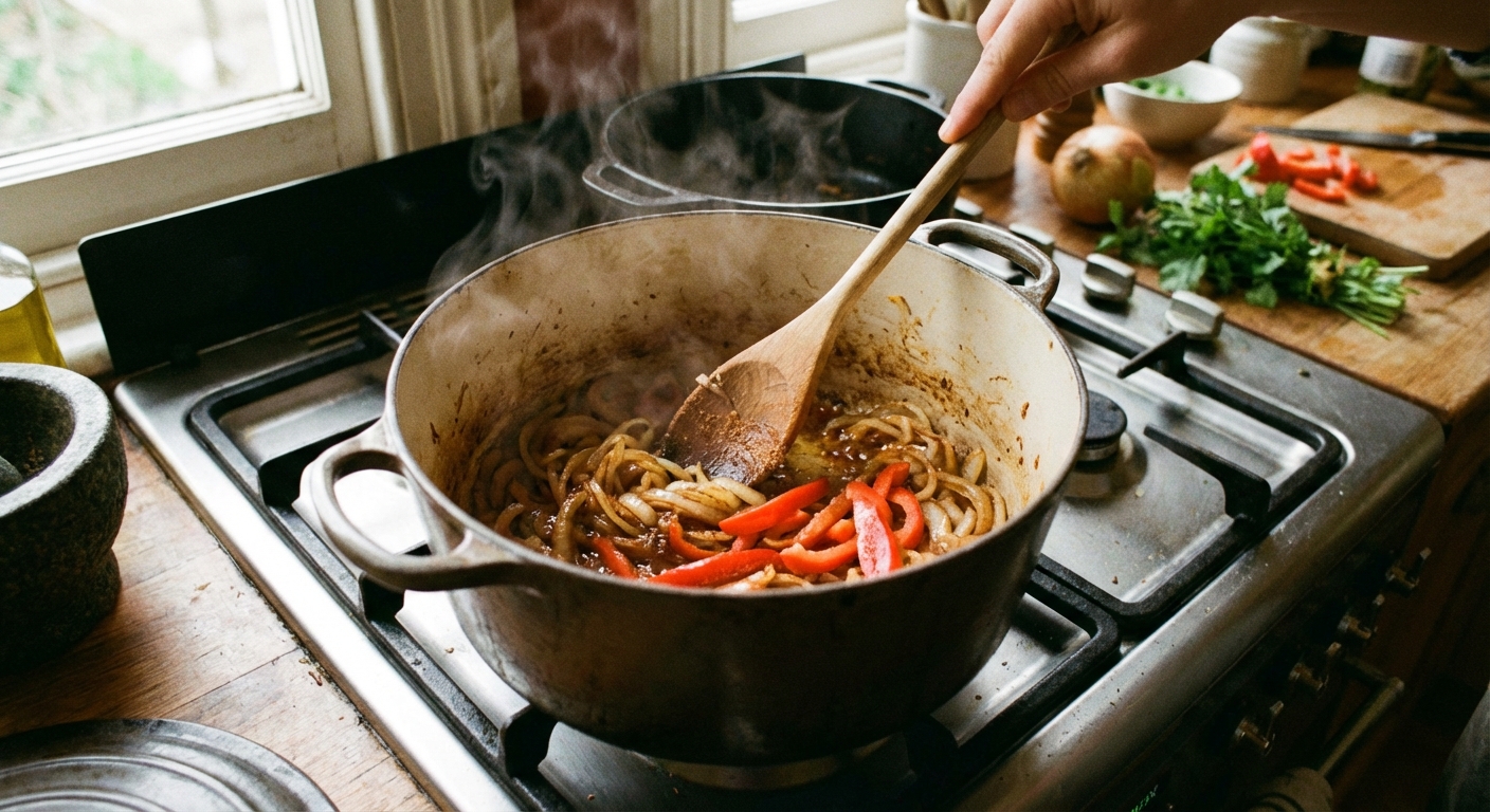A Dutch oven on the stovetop with onions and paprika being stirred with a wooden spoon