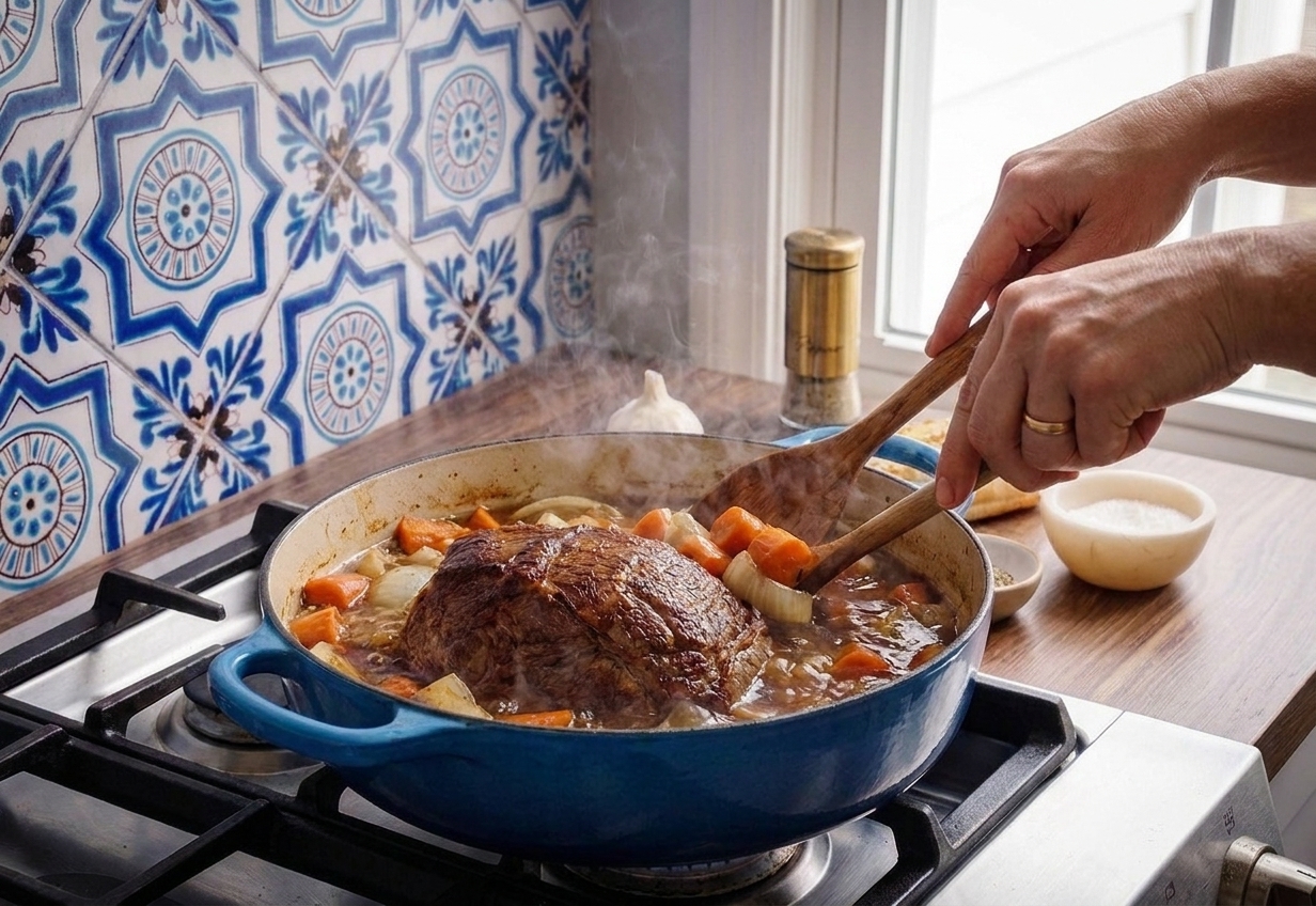 A Dutch oven with a shoulder roast braising among carrots, onions, and broth, shown bubbling before going into the oven