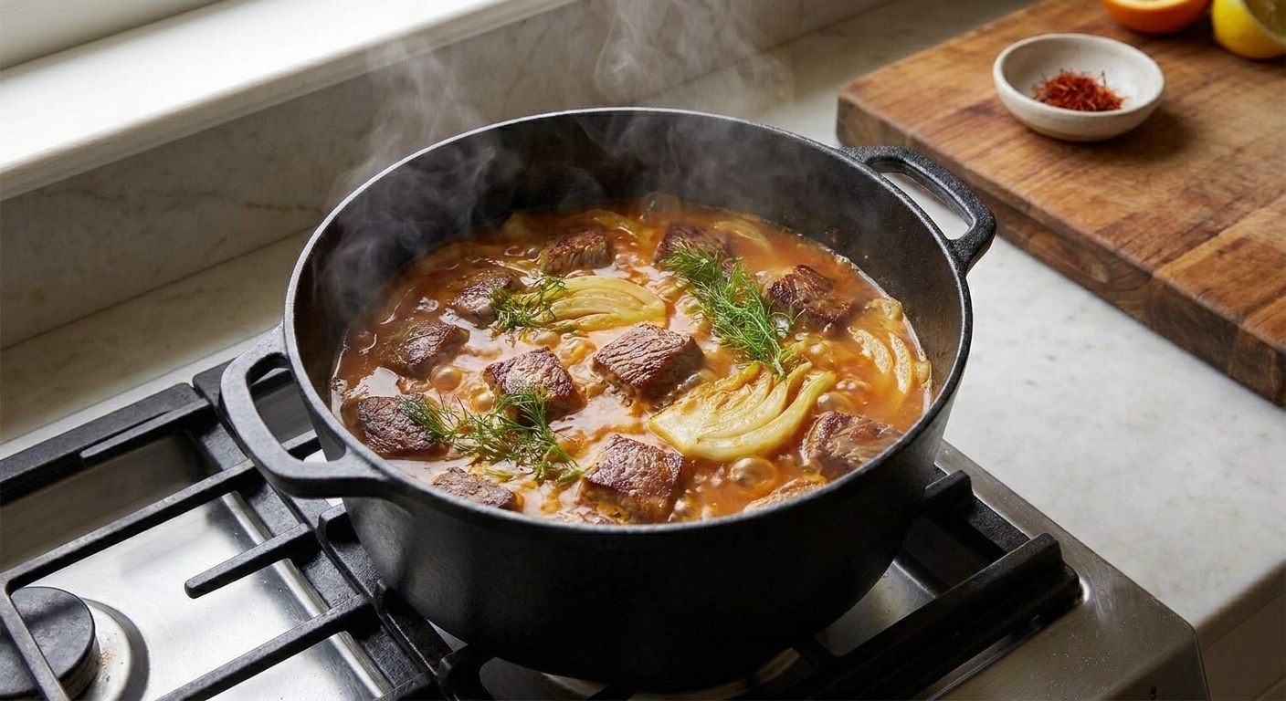 A Dutch oven with beef bouillabaisse-style stew simmering, showing fennel and saffron-tinted tomato broth bubbling gently