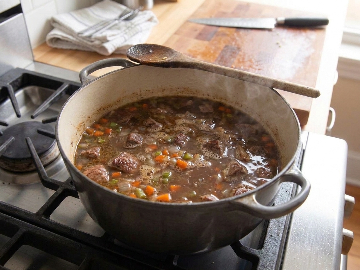 A Dutch oven with beef soup gently simmering, small bubbles breaking the surface in a rich broth