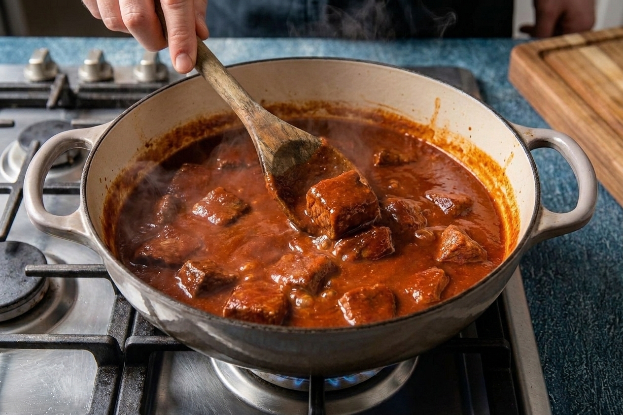 A Dutch oven with chile colorado gently simmering, deep red sauce bubbling around beef pieces with a wooden spoon stirring