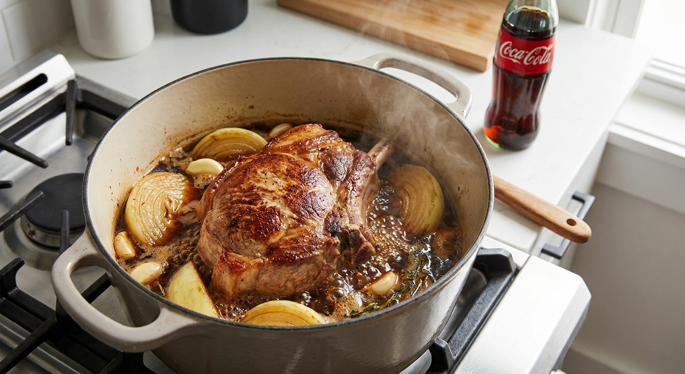 A Dutch oven with pork shoulder partially submerged in cola cooking liquid with onions and garlic