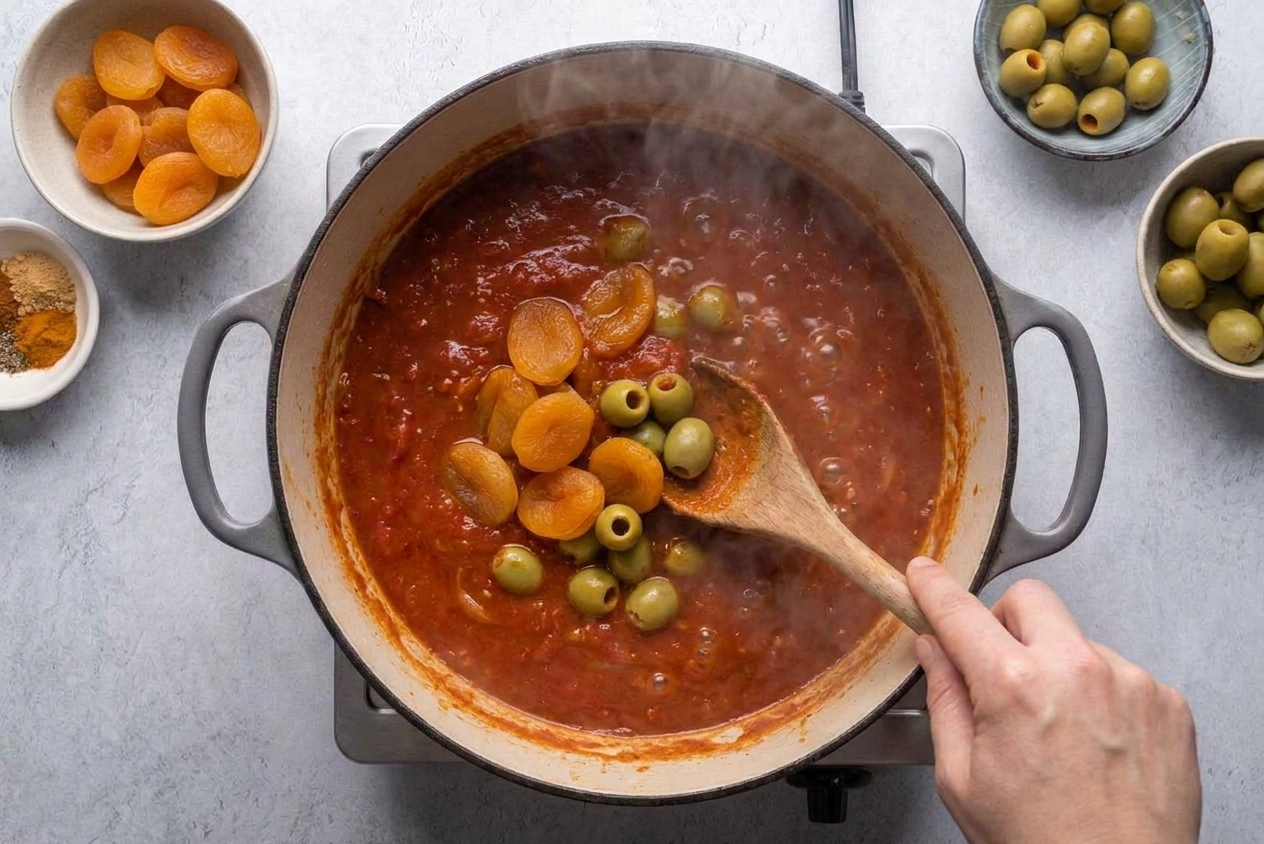 A Dutch oven with simmering tomato-based sauce as dried apricots and green olives are being stirred in with a spoon