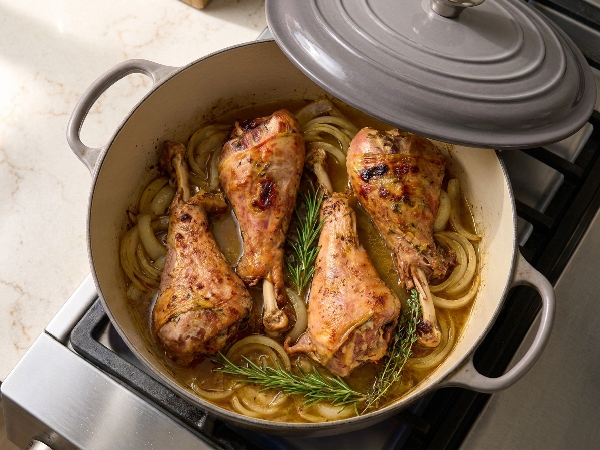 A Dutch oven with turkey legs partially submerged in broth and onions, covered with a lid, ready to go into the oven