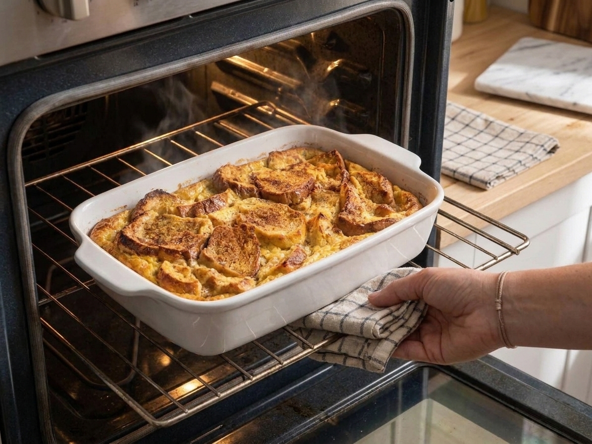 A French toast casserole baking on the middle rack of an oven, top turning golden brown