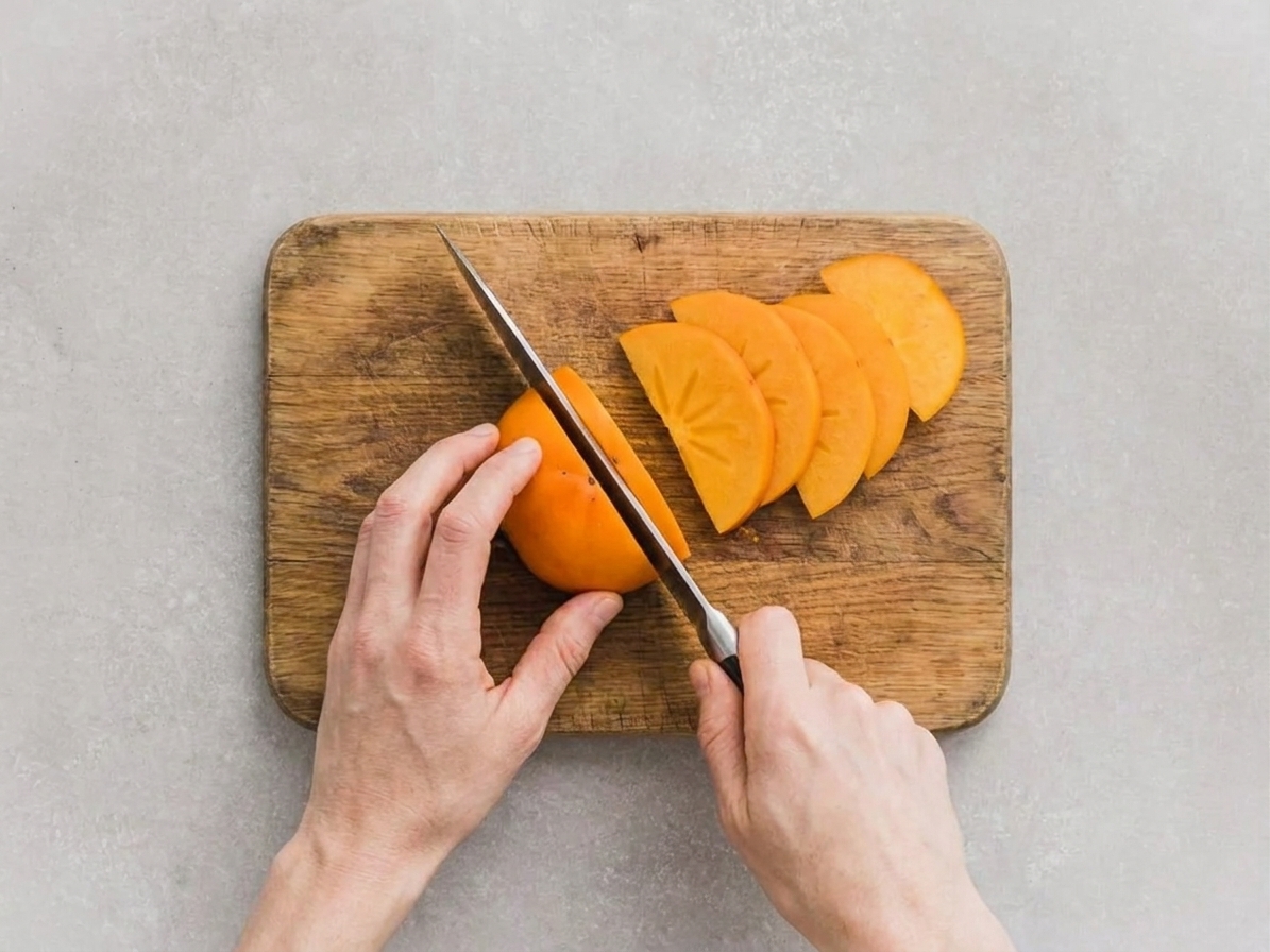 A Fuyu persimmon being sliced into thin wedges on a wooden cutting board