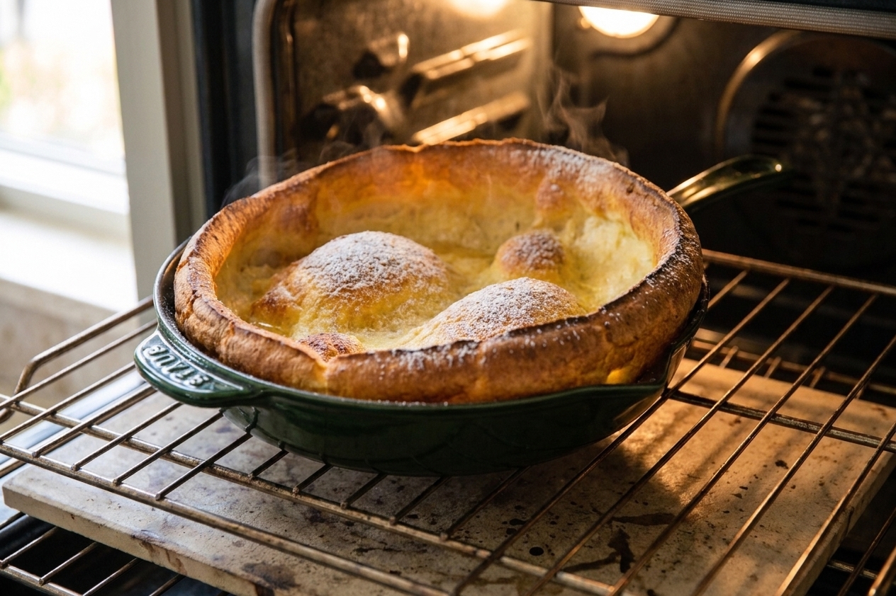 A German pancake puffing up in a cast iron skillet on an oven rack with golden edges forming