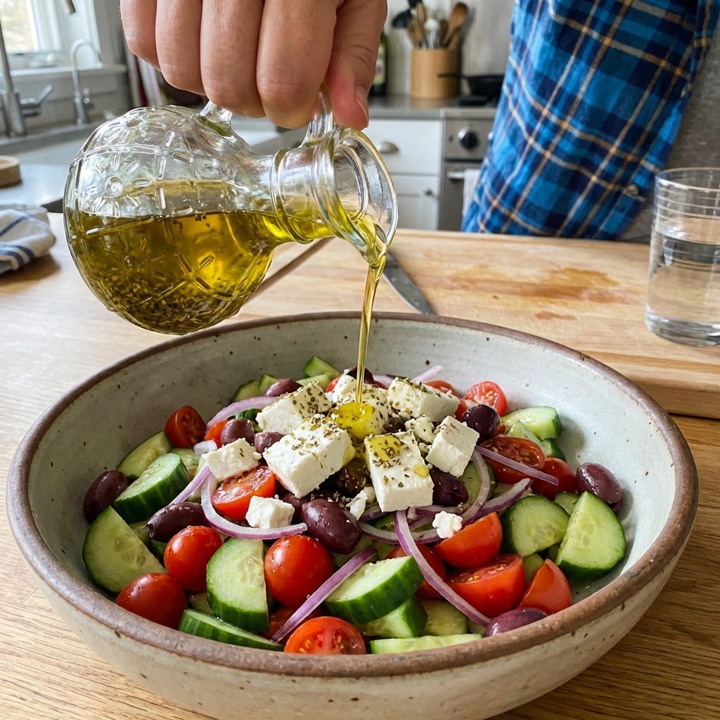 A Greek salad in a bowl with cucumbers, tomatoes, red onion, olives, and feta right as dressing is being poured over the top