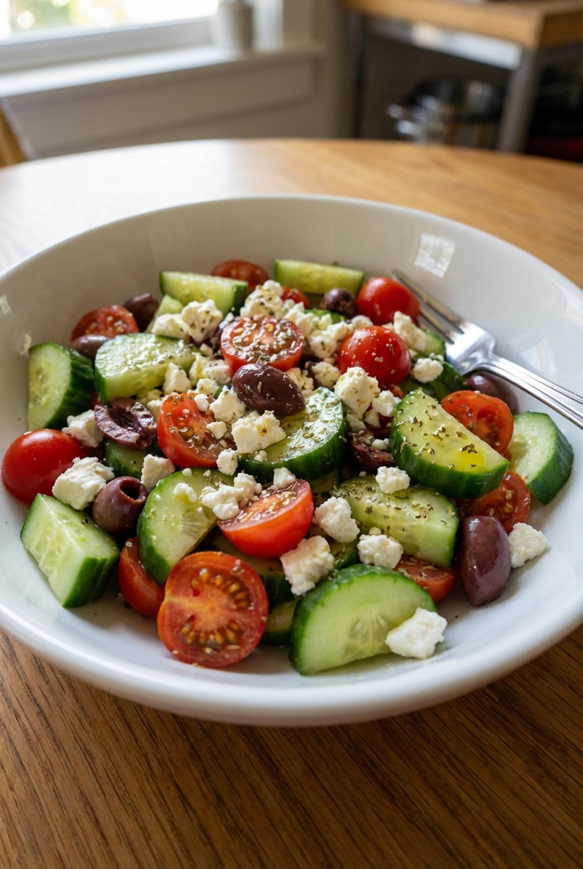 A Greek salad with cucumbers, tomatoes, feta, and olives in a white bowl