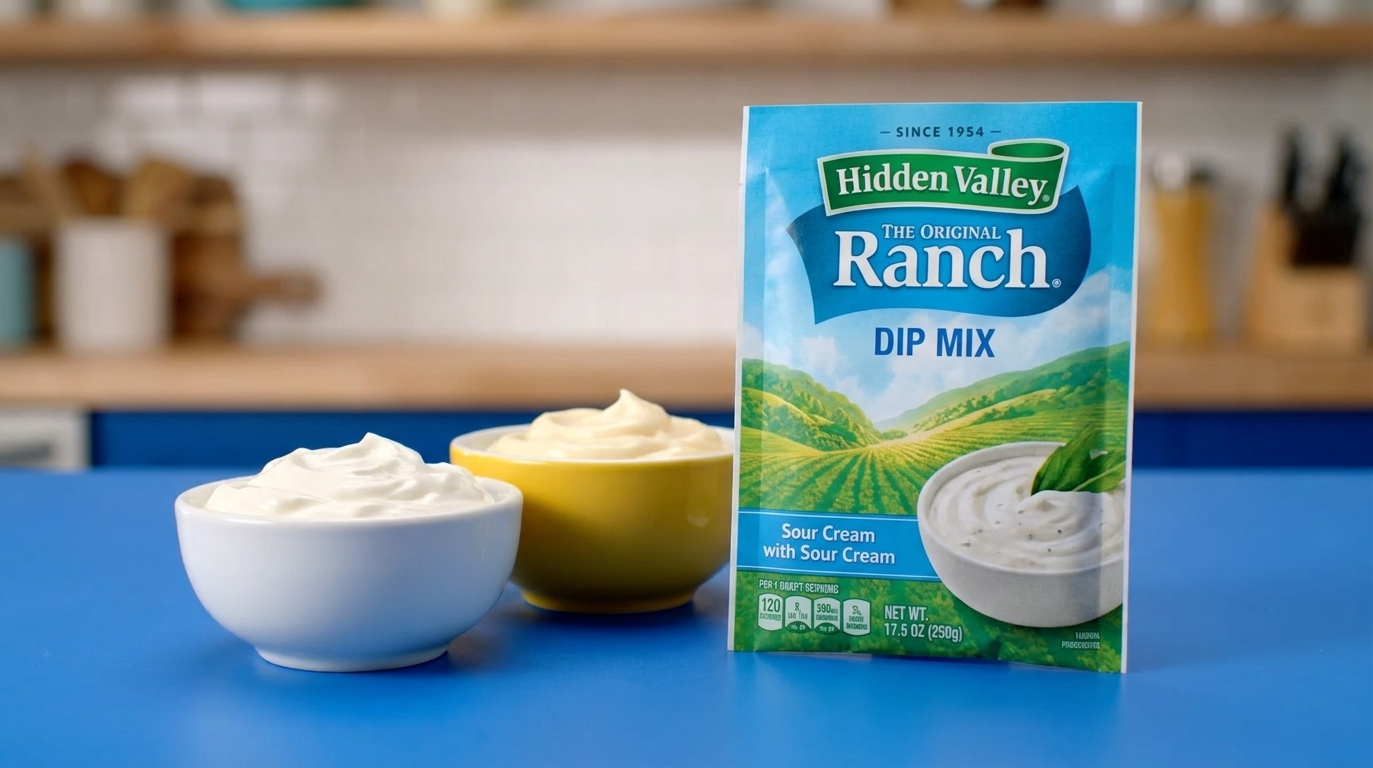A Hidden Valley Original Ranch Dip Mix packet standing upright on a kitchen counter next to a bowl of sour cream and a bowl of mayonnaise