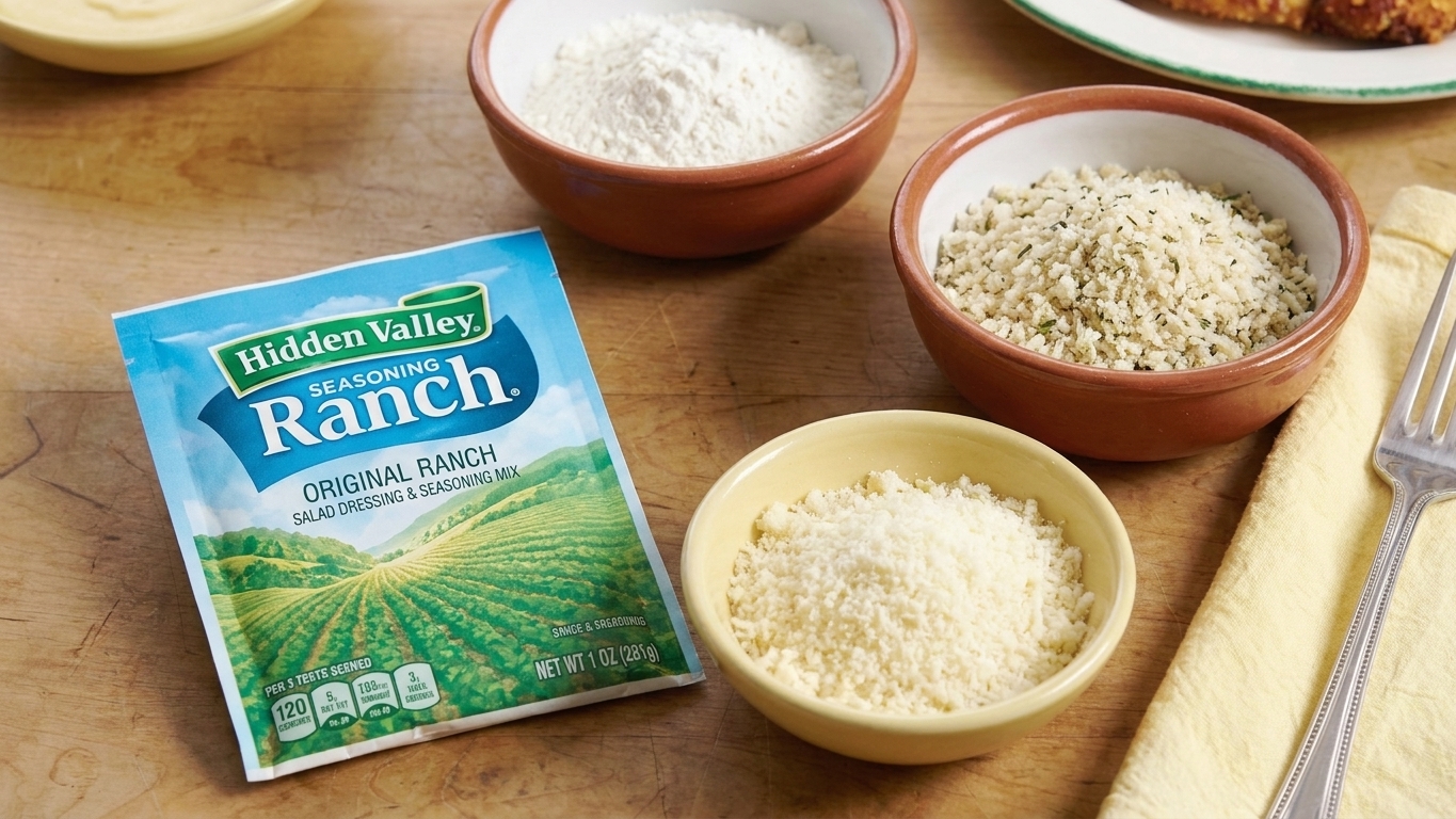 A Hidden Valley Ranch seasoning packet next to small bowls of flour, panko breadcrumbs, and grated Parmesan on a kitchen counter