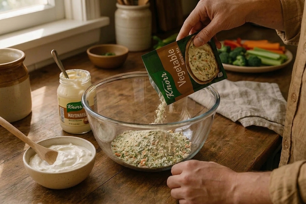 A Knorr Vegetable Recipe Mix packet on a clean kitchen counter next to a bowl, sour cream, and mayonnaise, ready to be mixed