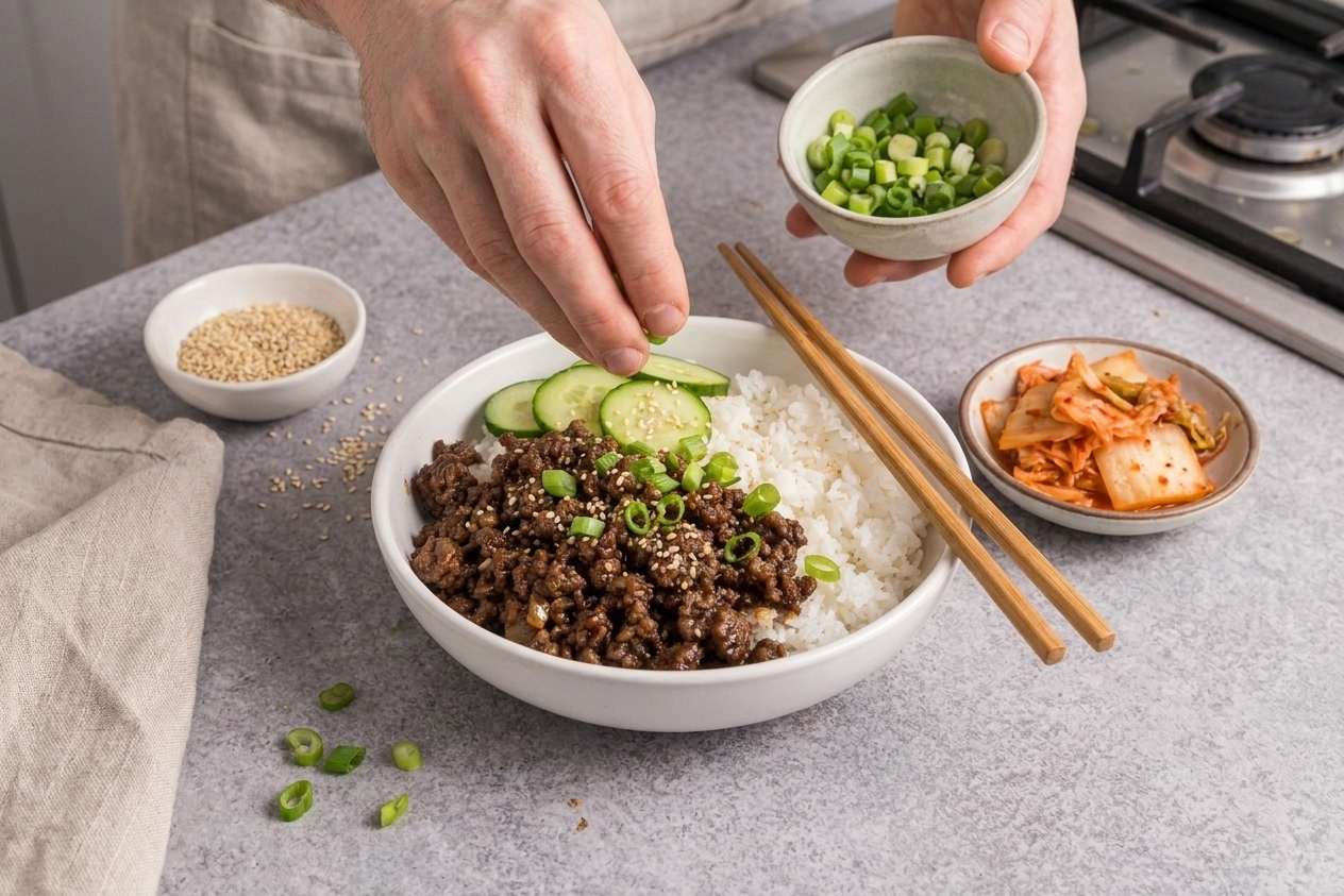 A Korean beef bowl being topped with sliced green onions and sesame seeds next to a small dish of kimchi on a kitchen counter