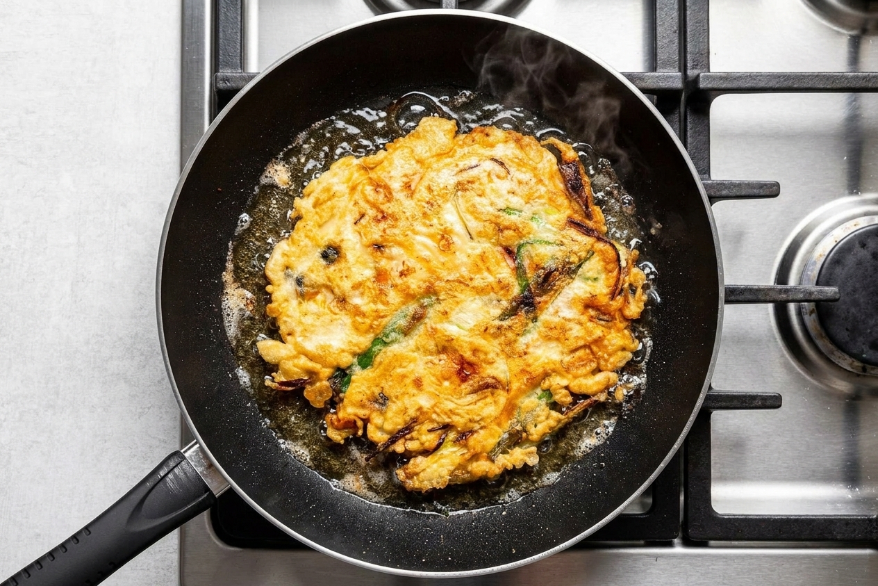 A Korean scallion pancake frying in a skillet with bubbling oil around the edges on a home stove