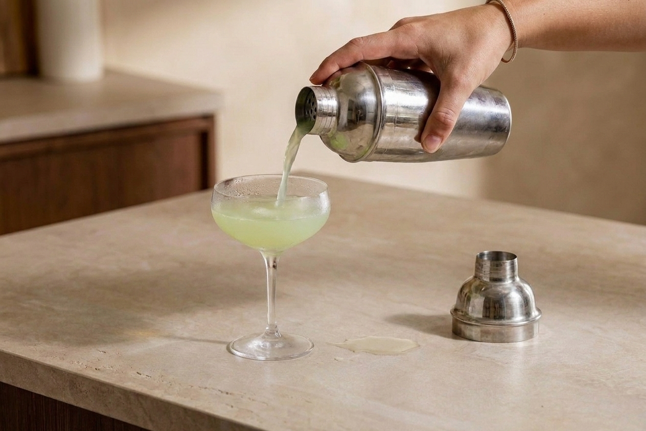 A Last Word cocktail being strained from a shaker into a chilled coupe glass on a stone countertop