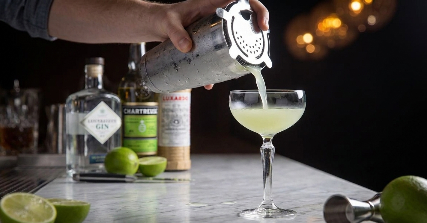 A Last Word cocktail being strained from a shaker into a chilled coupe glass, pale green liquid flowing smoothly