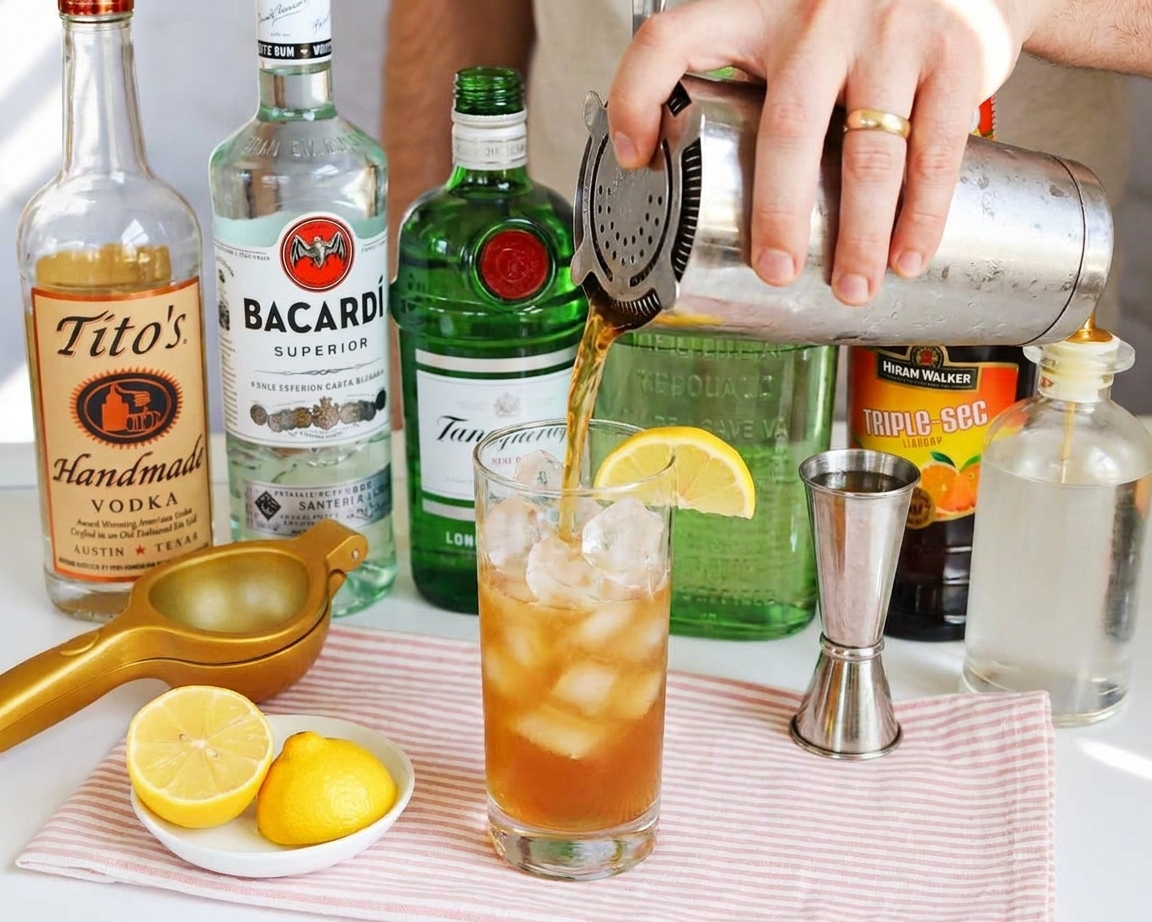 A Long Island Iced Tea being strained from a shaker into a tall glass filled with fresh ice on a kitchen counter