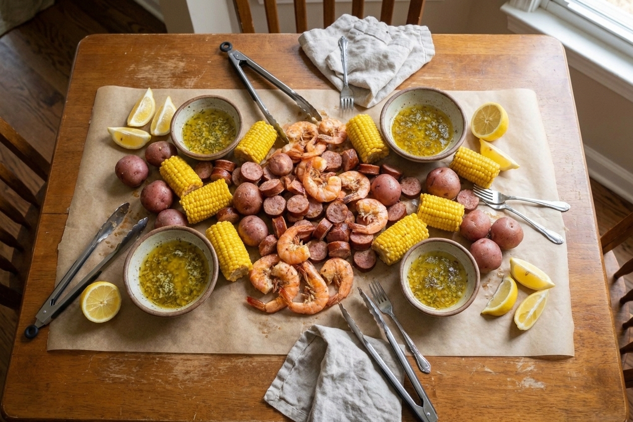 A Low Country Boil spread across parchment paper on a dining table with lemon wedges and small bowls of dipping butter