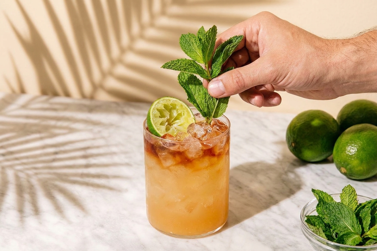 A Mai Tai in a short glass with crushed ice being garnished with a fresh mint sprig and a spent lime shell on a kitchen counter