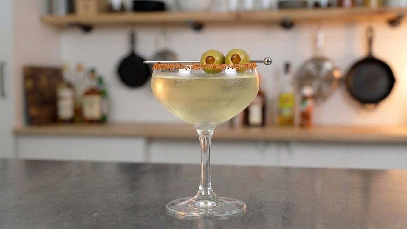 A Mexican martini in a chilled coupe glass with a Tajín rim and a skewer of green stuffed olives as garnish on a warmly lit kitchen counter