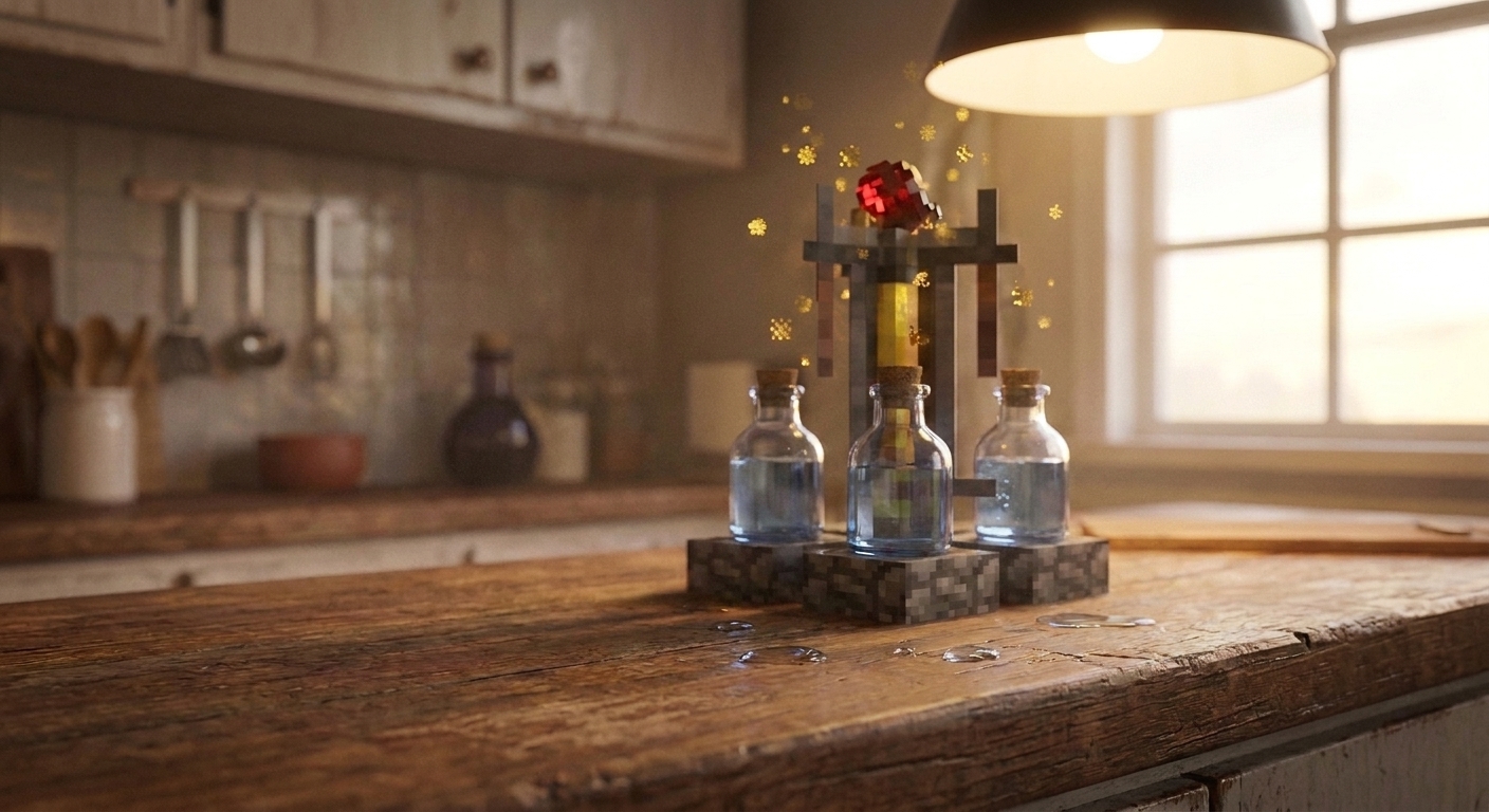 A Minecraft brewing stand actively brewing with three bottles in the bottom slots and an ingredient in the top slot, viewed close up like a kitchen action shot