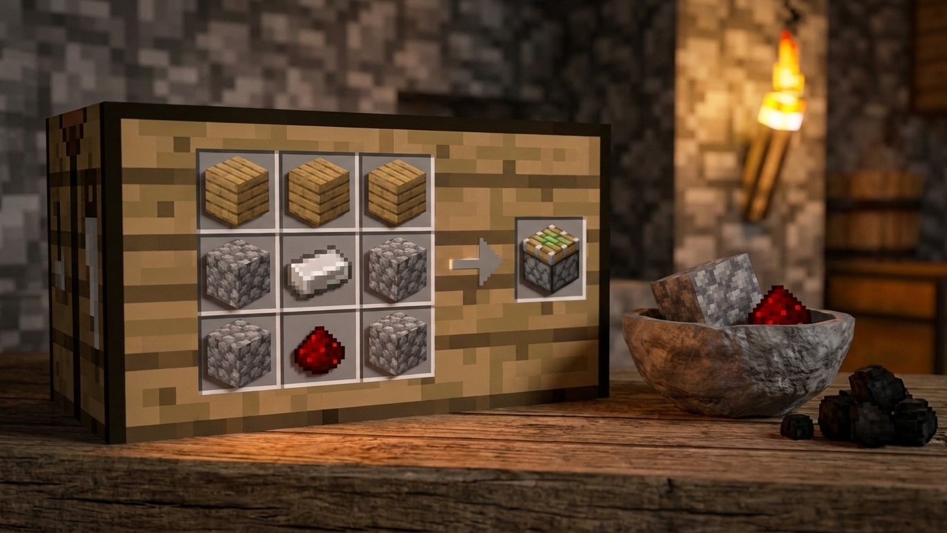 A Minecraft crafting table grid assembled for a piston: planks across the top row, cobblestone in middle-left, middle-right, bottom-left, bottom-right, iron ingot in the center, and redstone dust in the bottom center