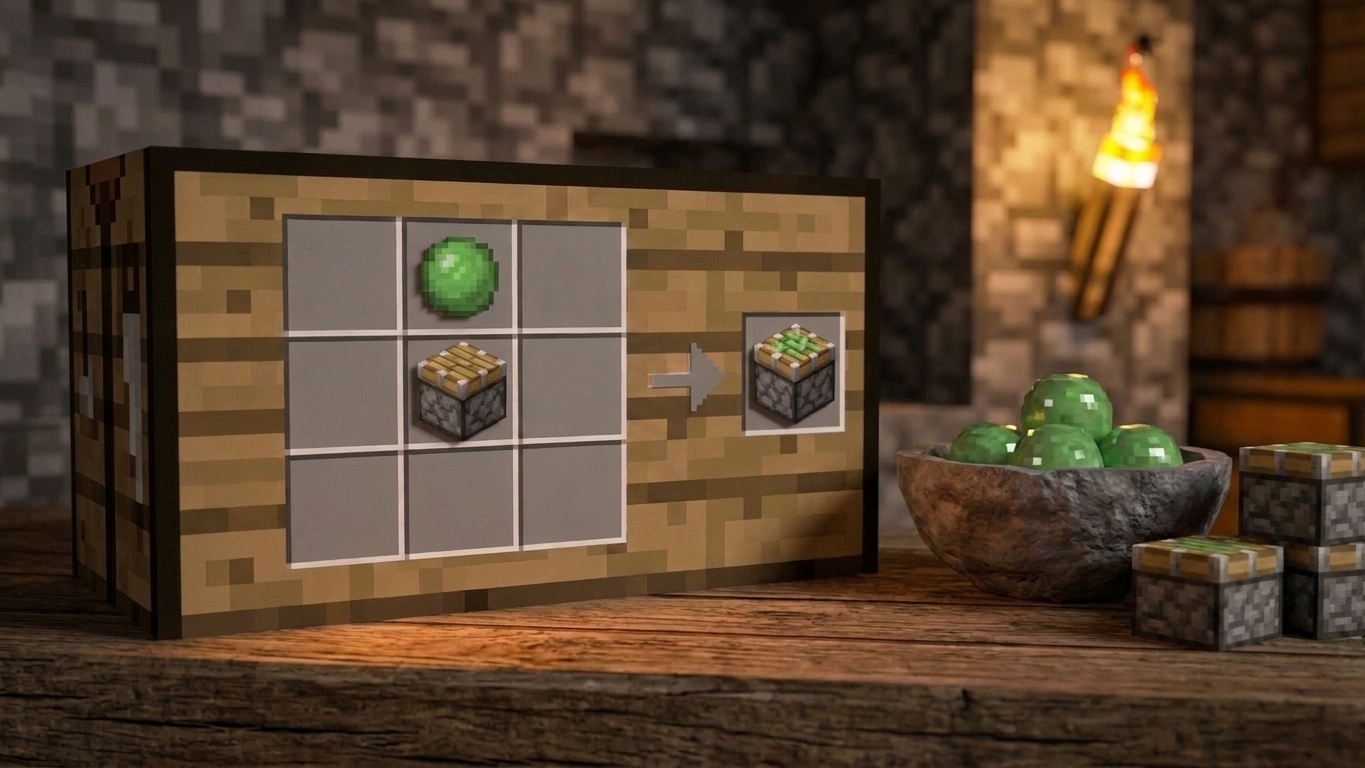 A Minecraft crafting table grid showing a slimeball above a piston to craft a sticky piston