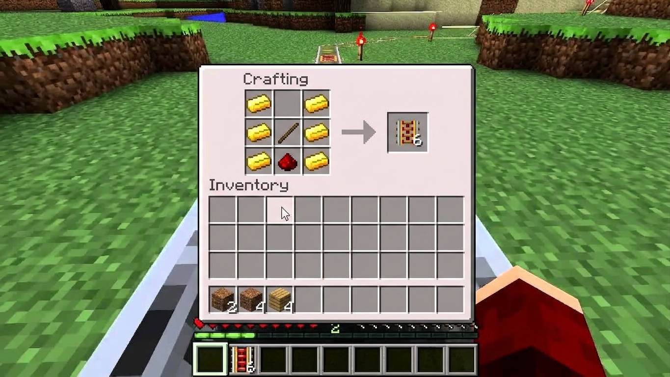 A Minecraft crafting table interface showing powered rails being crafted with gold ingots, a stick, and redstone dust