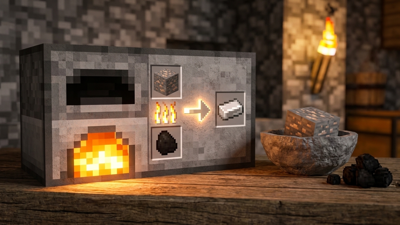 A Minecraft furnace smelting iron ore into an iron ingot, warm light in a simple stone base