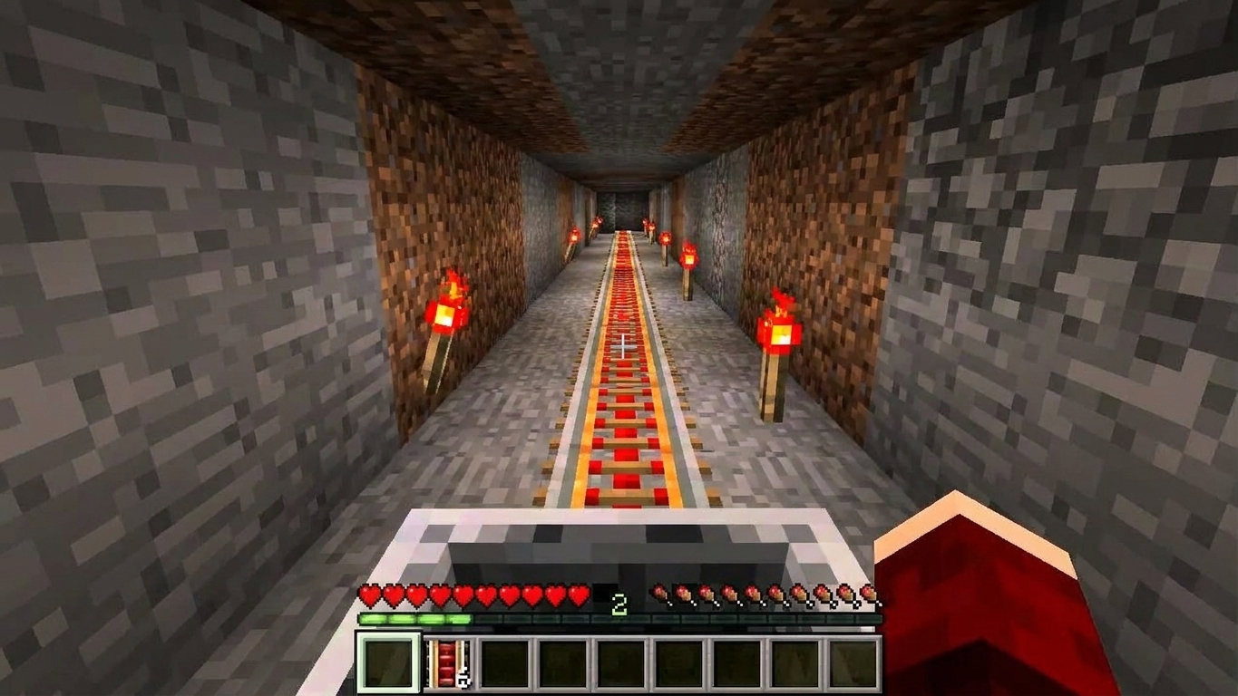 A Minecraft minecart rolling over a straight line of powered rails inside a tunnel