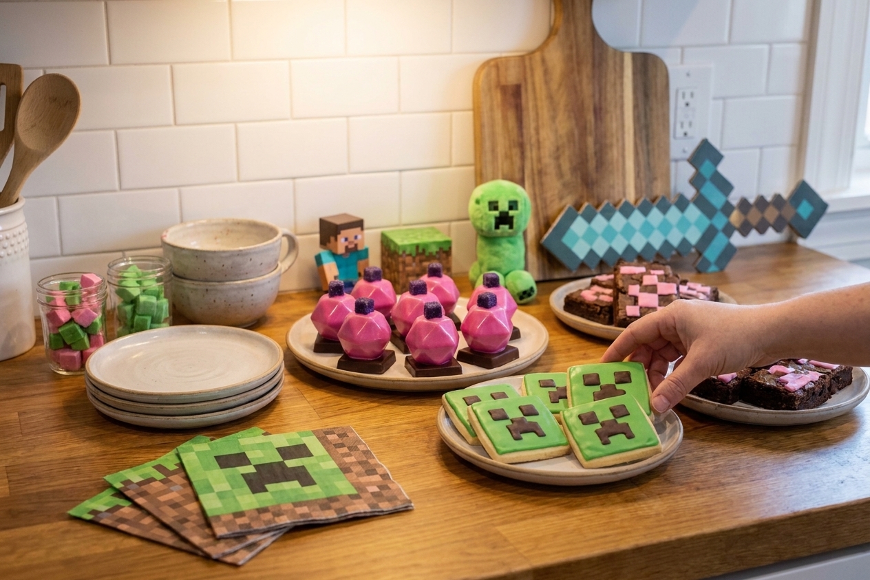 A Minecraft-themed dessert table with bright pink treats, simple plates, and party napkins set under warm kitchen lighting