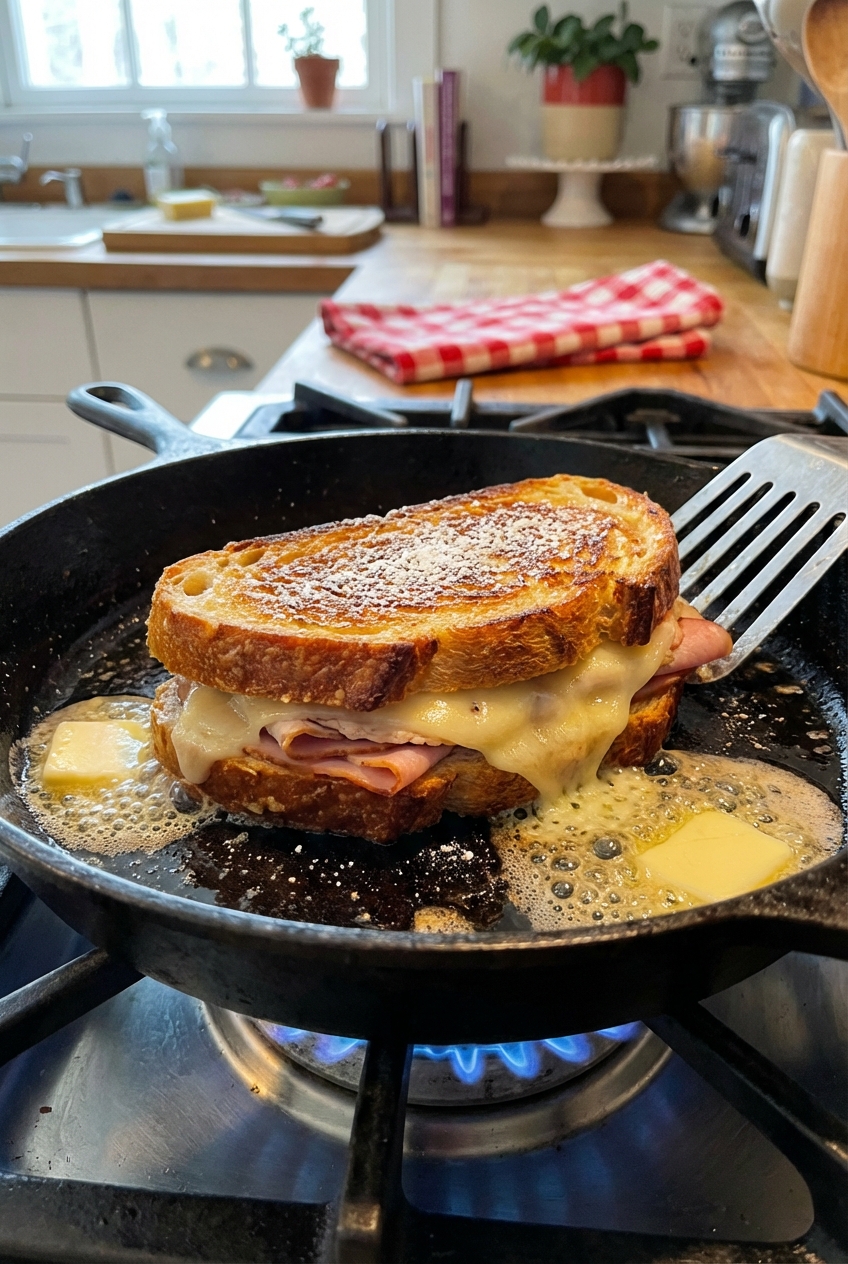 A Monte Cristo sandwich cooking in a skillet with bubbling butter around the edges