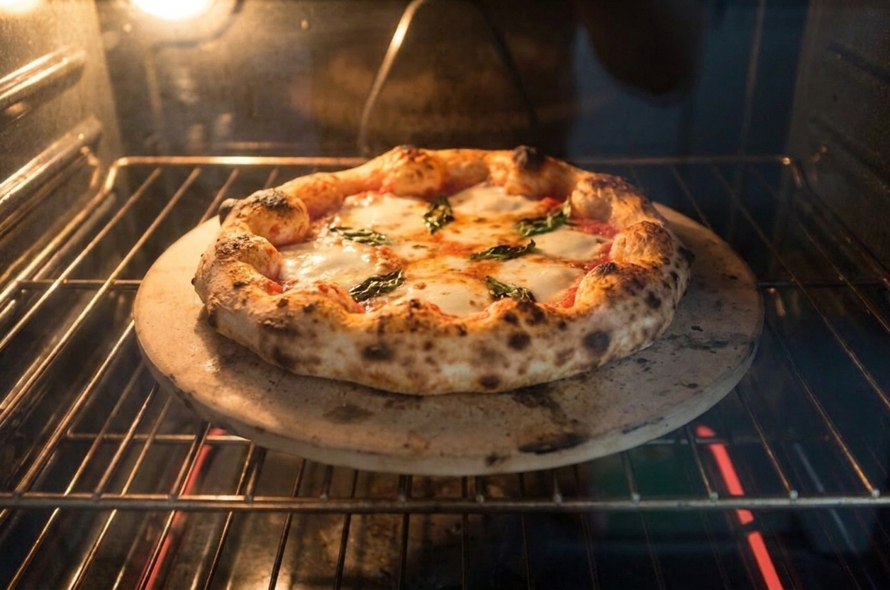 A Neapolitan-style pizza baking on a pizza stone in a home oven, crust puffing at the edges