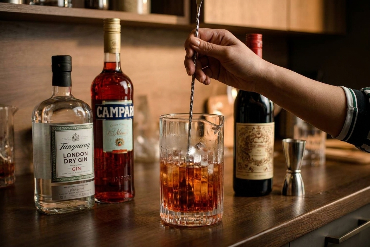 A Negroni being stirred in a mixing glass with a long spoon on a kitchen counter, ice clinking softly