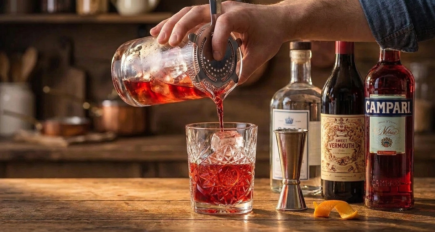 A Negroni being strained from a mixing glass into a rocks glass with a large clear ice cube