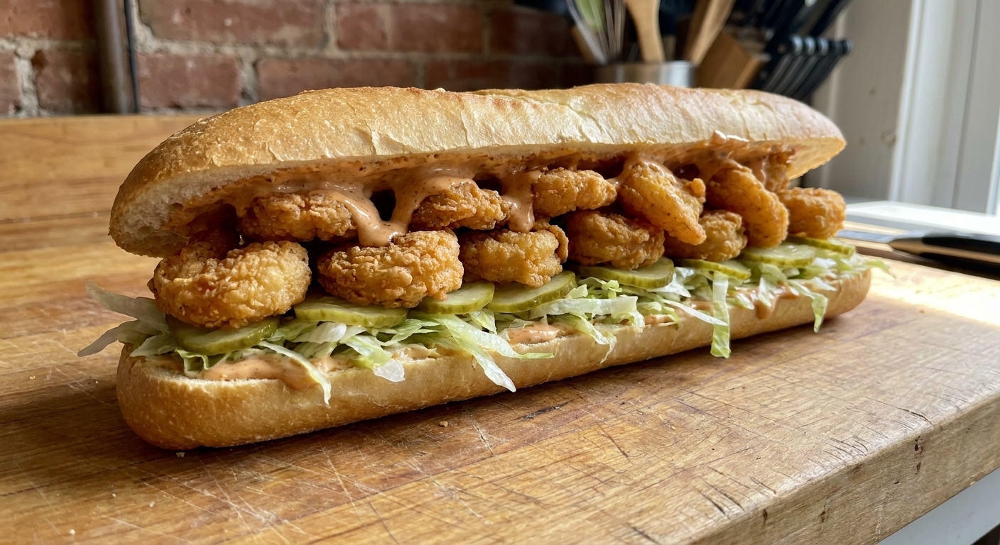 A New Orleans-style shrimp po’ boy on French bread, stuffed with crispy fried shrimp, shredded lettuce, pickles, and a creamy remoulade, photographed on a wooden counter in natural light