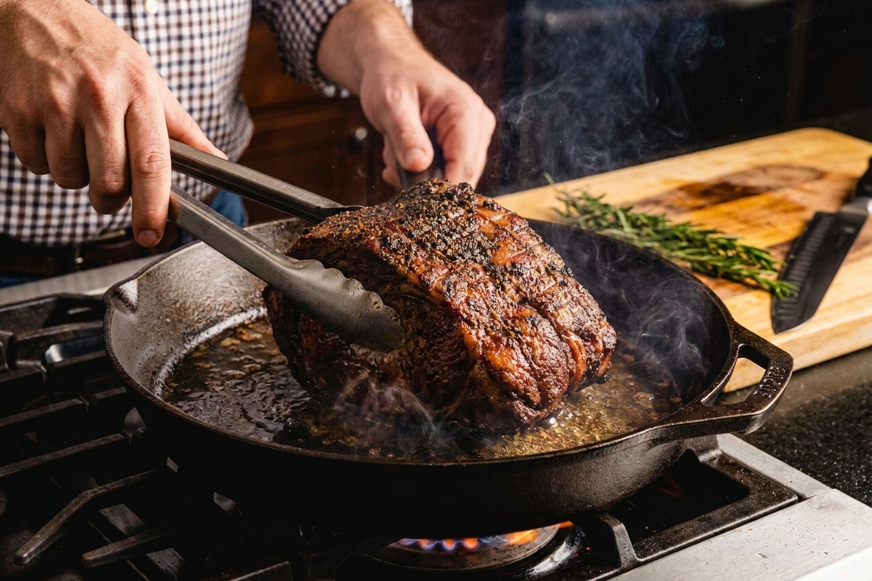A New York strip roast being seared in a cast iron skillet with sizzling oil, held with tongs over a stovetop