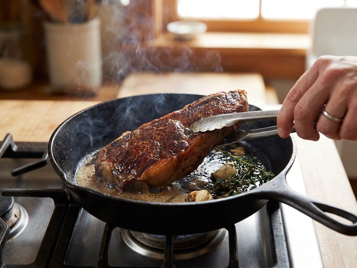 A New York strip steak developing a deep brown crust in a cast iron skillet on a home stove