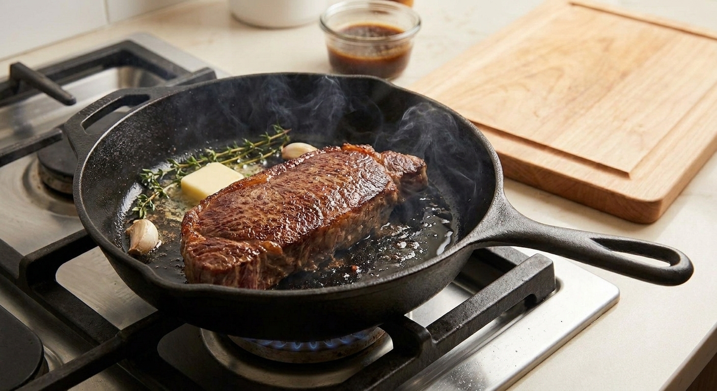 A New York strip steak searing in a cast iron skillet with visible browning and a light sheen of oil on a stovetop