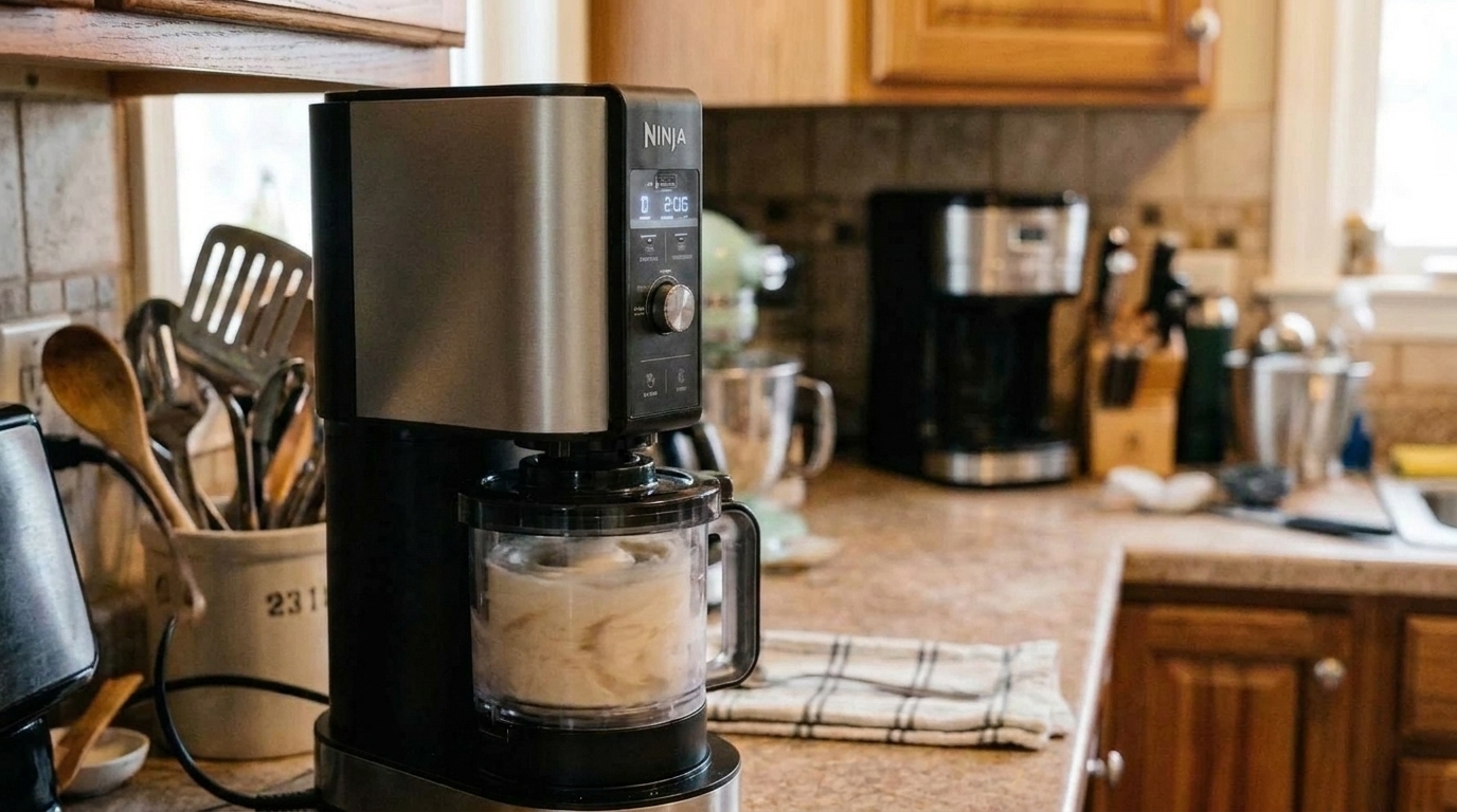 A Ninja Creami machine mid-spin on a kitchen counter with the pint locked in place
