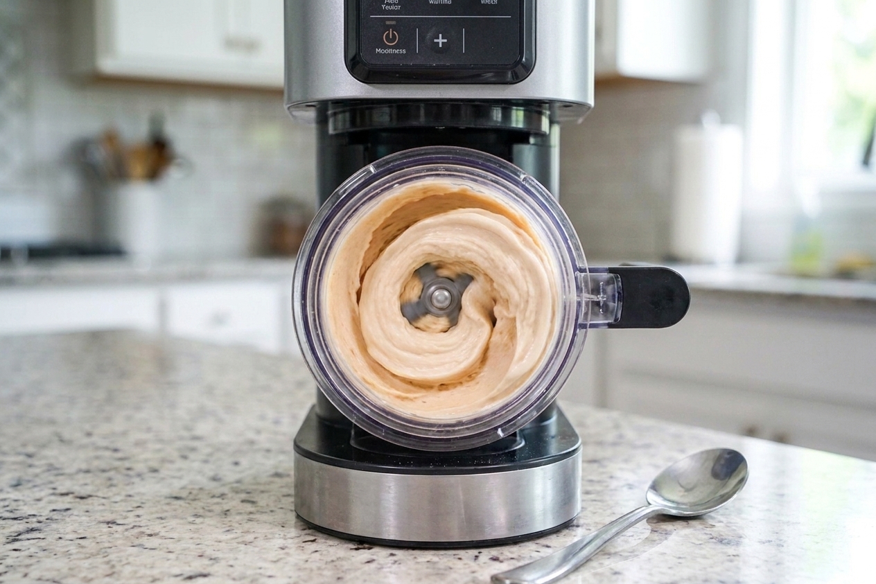 A Ninja Creami machine on a kitchen counter while it spins a frozen vanilla base in the pint container
